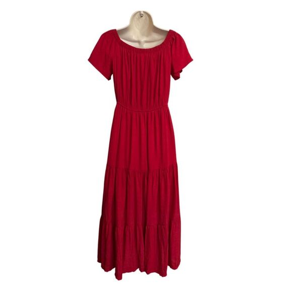 NY Collection Red Tiered Short Flutter Sleeve Midi Dress - Picture 5 of 14